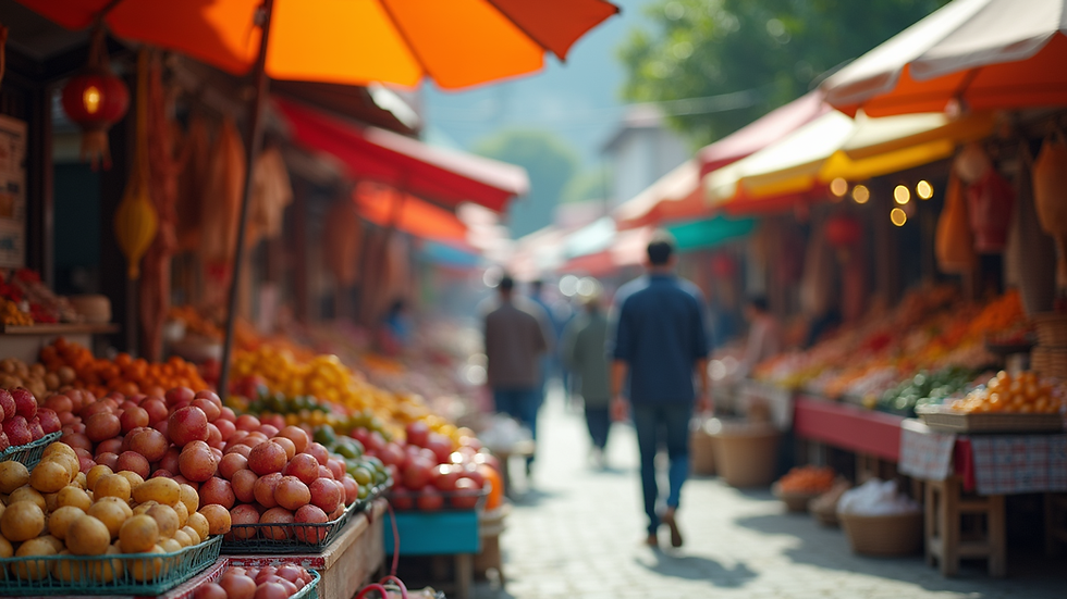 Eye-level view of a vibrant outdoor market with colorful stalls