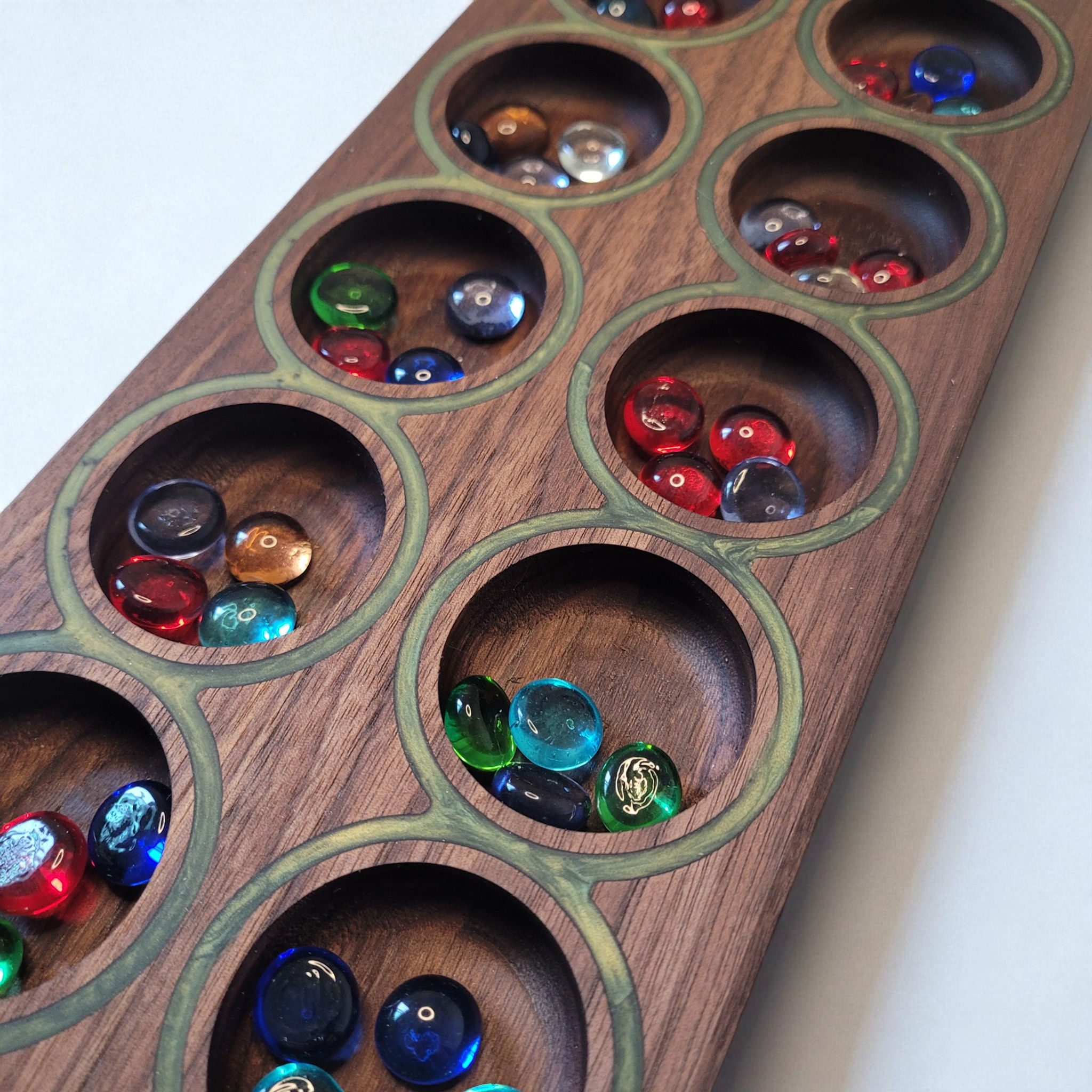 Black Walnut and Epoxy Mancala Board - Green Gold