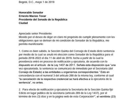CONSTANCIA A LA PRESIDENCIA DEL SENADO.
