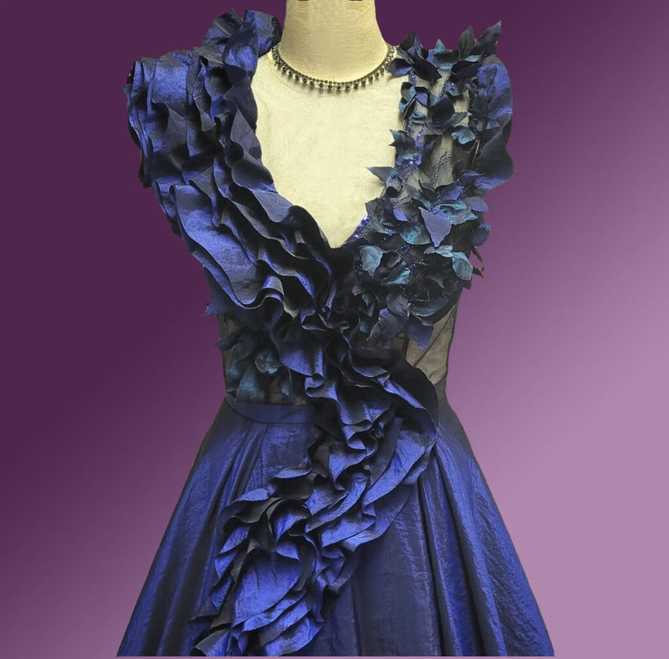 Dramatic royal blue gothic wedding dress with asymmetric ruffles and 3d flower petals and embroidery