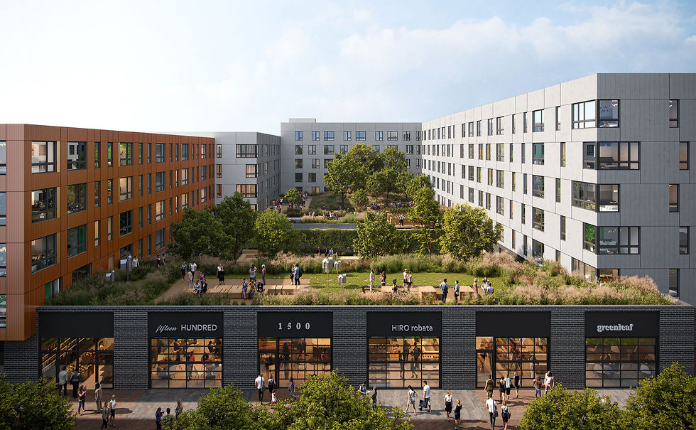 Modern apartment complex with green rooftop terrace, people socializing. Orange and gray buildings surround, storefronts below displaying "Fifteen Hundred."