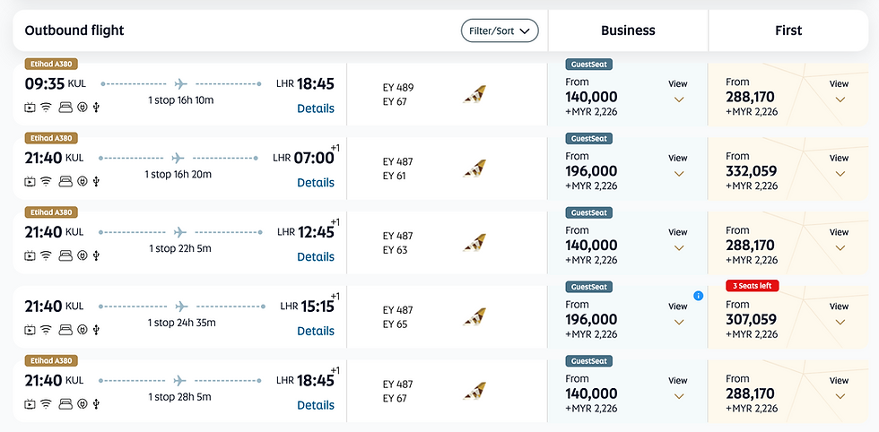 Redemptions for KL-London on Etihad Airways
