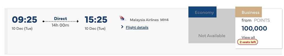 10/12/2024: Business Class KL to LHR for 100,000 Enrich Miles (Previously 149,300)