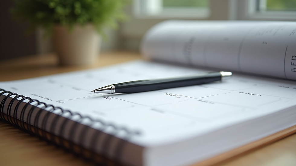 Close-up view of a calendar and planner with a pen on a wooden desk