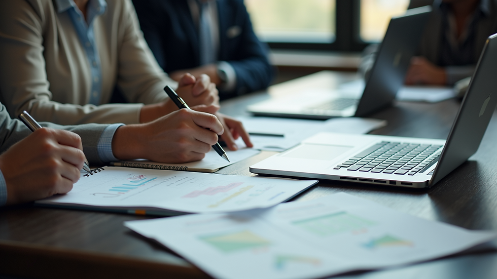 High angle view of a business meeting with laptops and documents