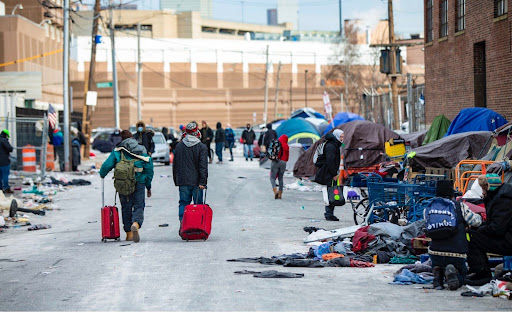 The tent encampment on Atkinson Street, outside of the Southampton Street Shelter at "Mass. and Cass." (Jesse Costa/WBUR)