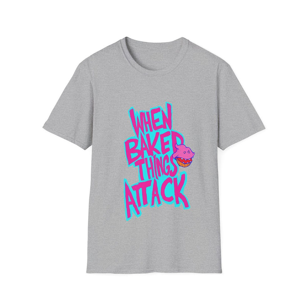 Thumbnail: When Baked Things Attack Unisex T-shirt in multiple color choices