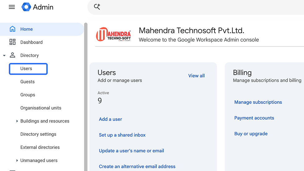 "Google Admin console interface showing Directory menu with Users option selected."