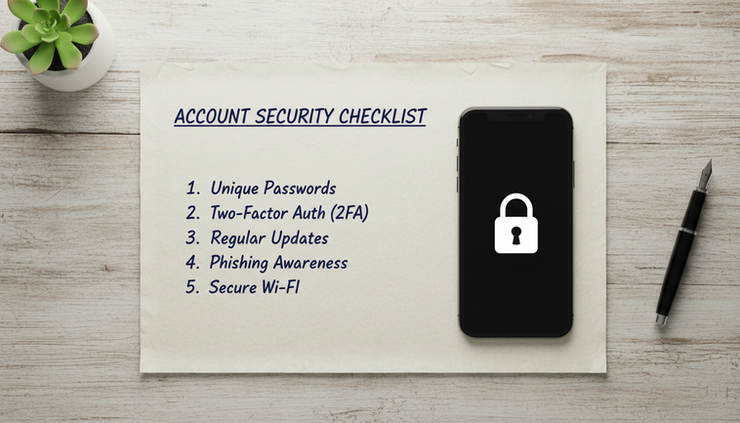 Top-down view of a handwritten security checklist beside a smartphone