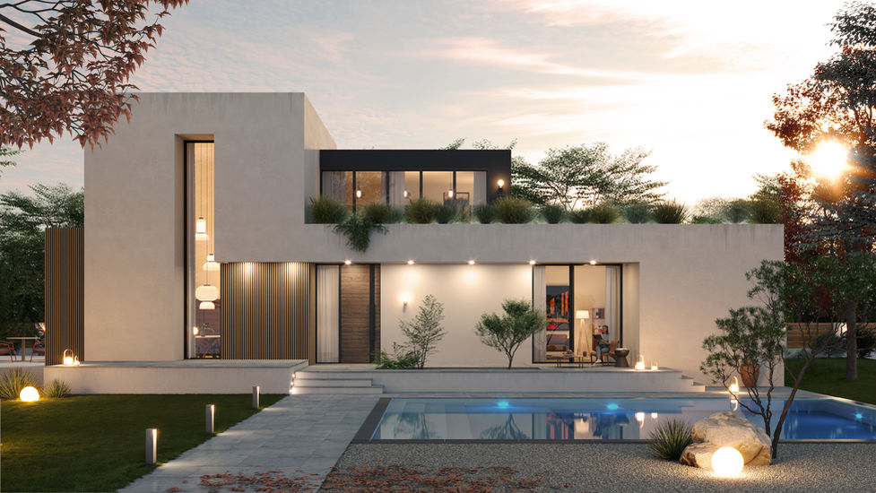 Late afternoon overall front façade view.