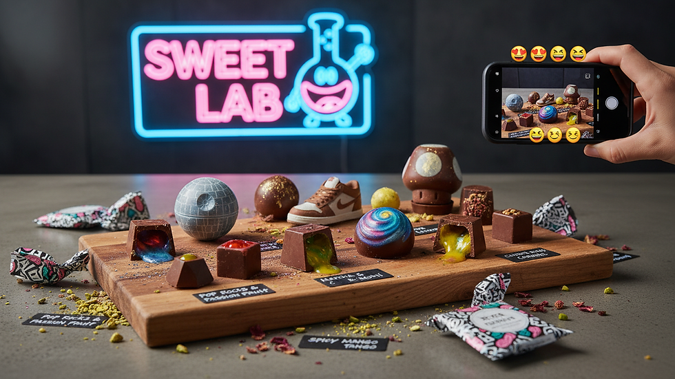 Eye-level view of assorted gourmet chocolates arranged on a wooden board