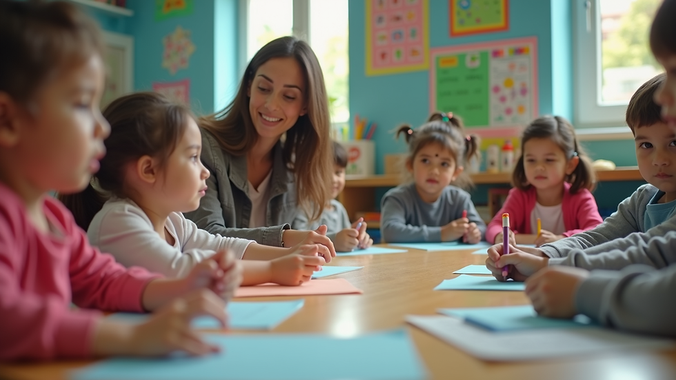 Vista a nivel de una maestra enseñando inglés con tarjetas de colores a niños en preescolar