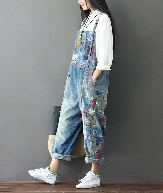 Loose Fit Vintage Print Denim Jumpsuit for Women
