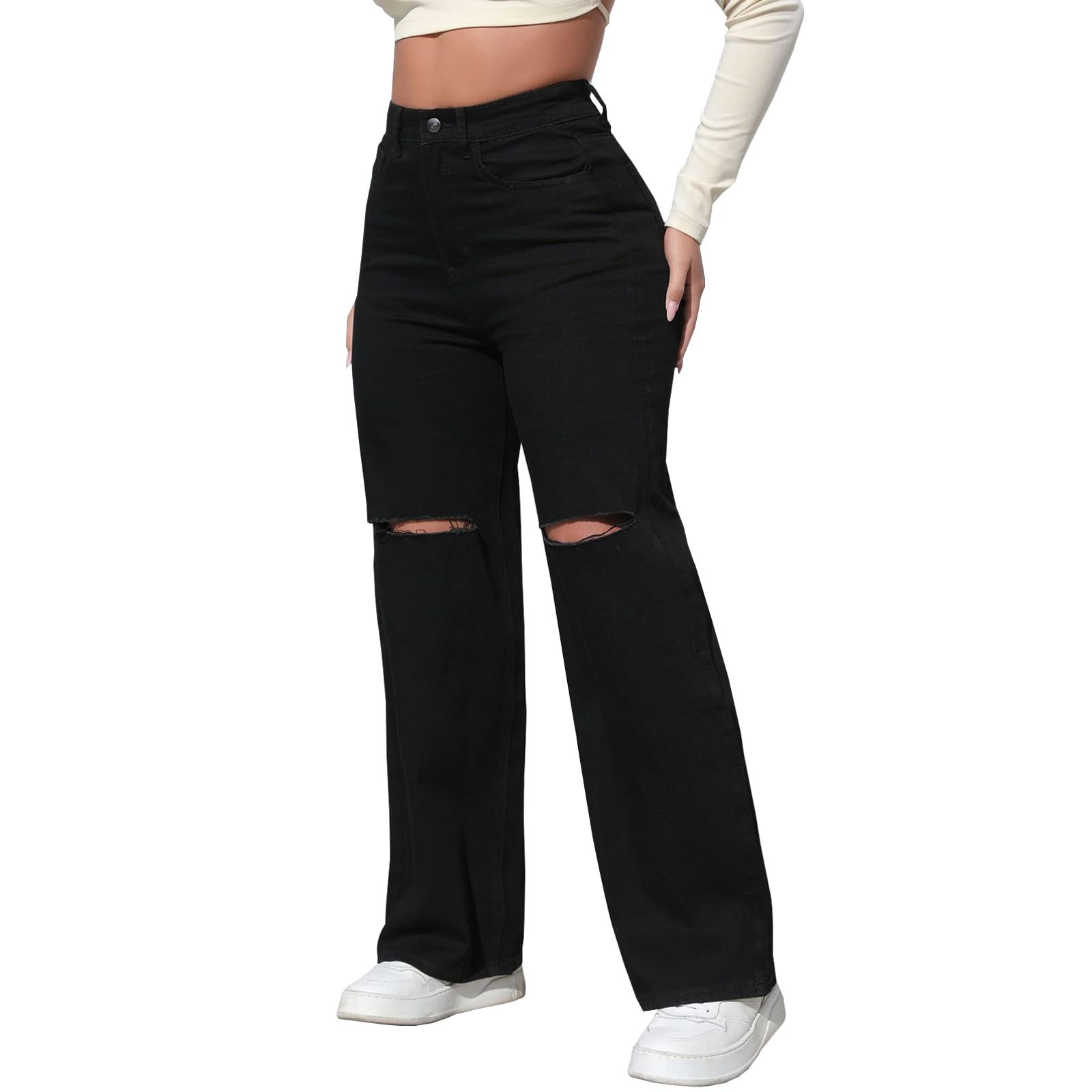 LONGBIDA Womens High Waist Ripped Straight Wide Leg Baggy Jeans Y2k Boyfriend Di