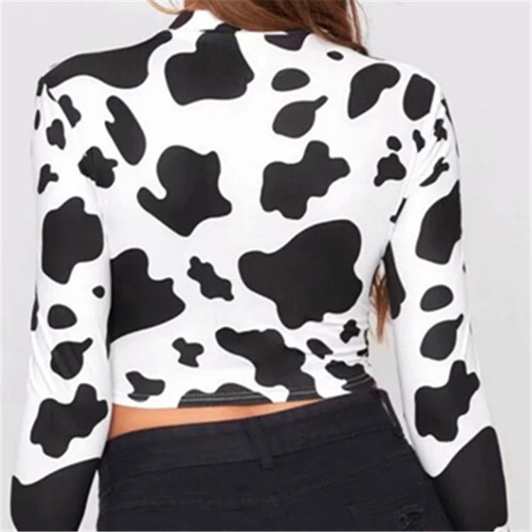 Cow Print High Neck Long Sleeve Top