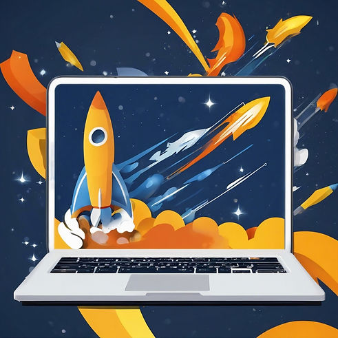 Rocket coming out of a laptop to showcase growth in business. Use yellow, blue, dark blue,