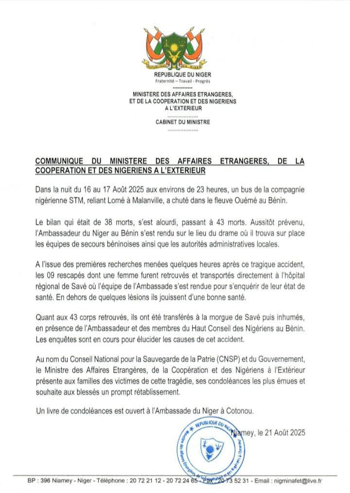 Communiqué du Cabinet du Ministre Nigérien des Affaires Étrangères