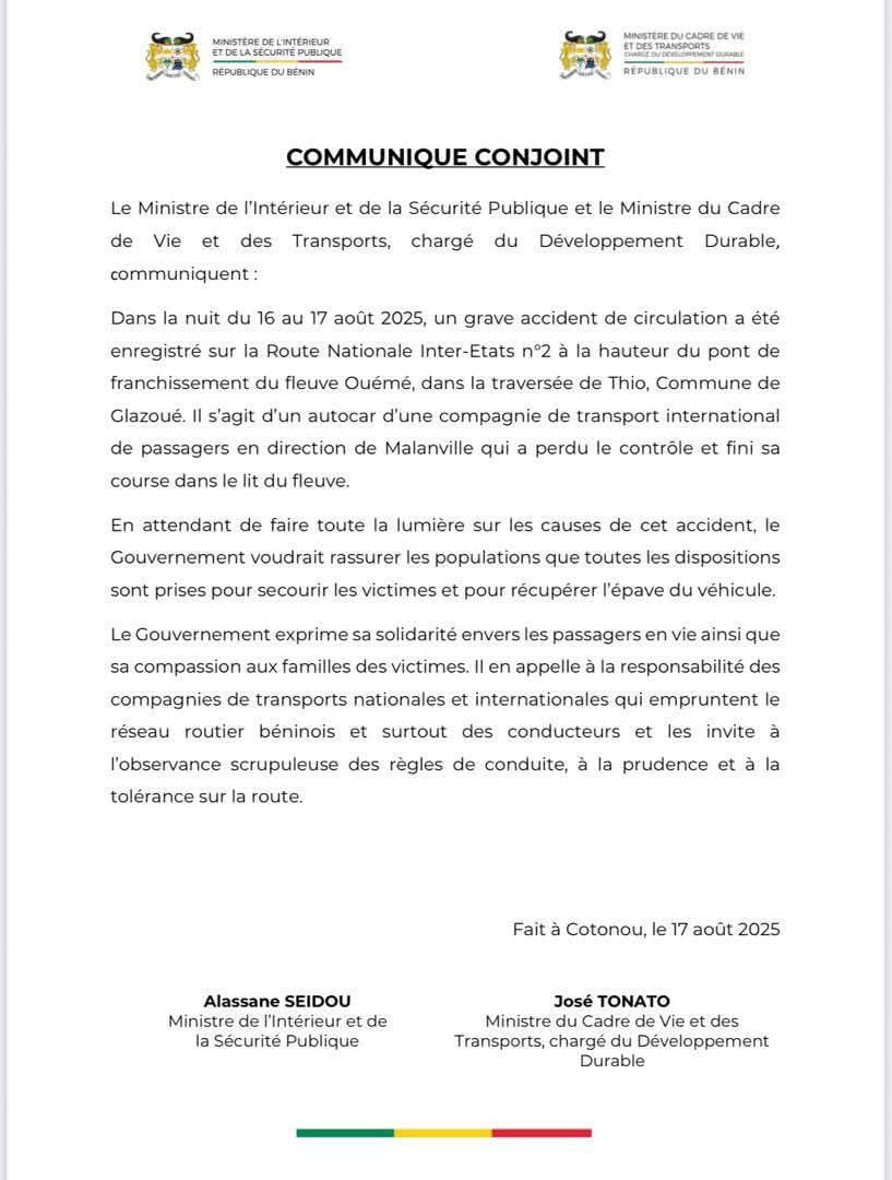 Communiqué conjoint du Ministre de l'Intérieur et de son homologue du Cadre de Vie et des Transports