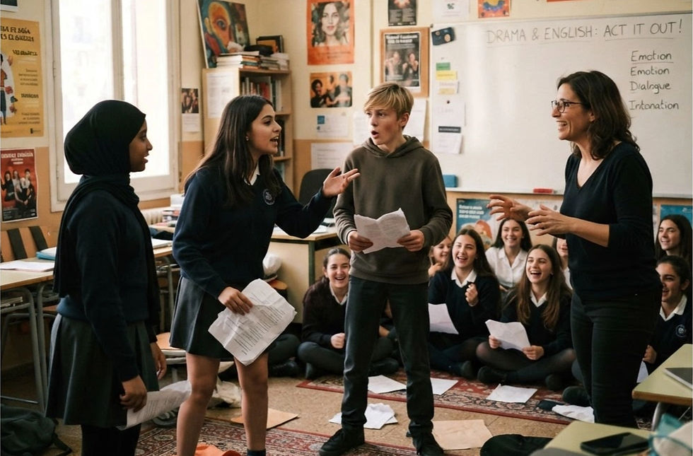 students practising drama in a classroom