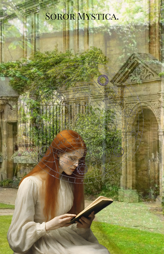 Soror Mystica (ancilla in her late twenties). She still has long red hair. she is pictured here reading a book in an Oxford University college quad. Occult symbols are superimposed on top of the image.