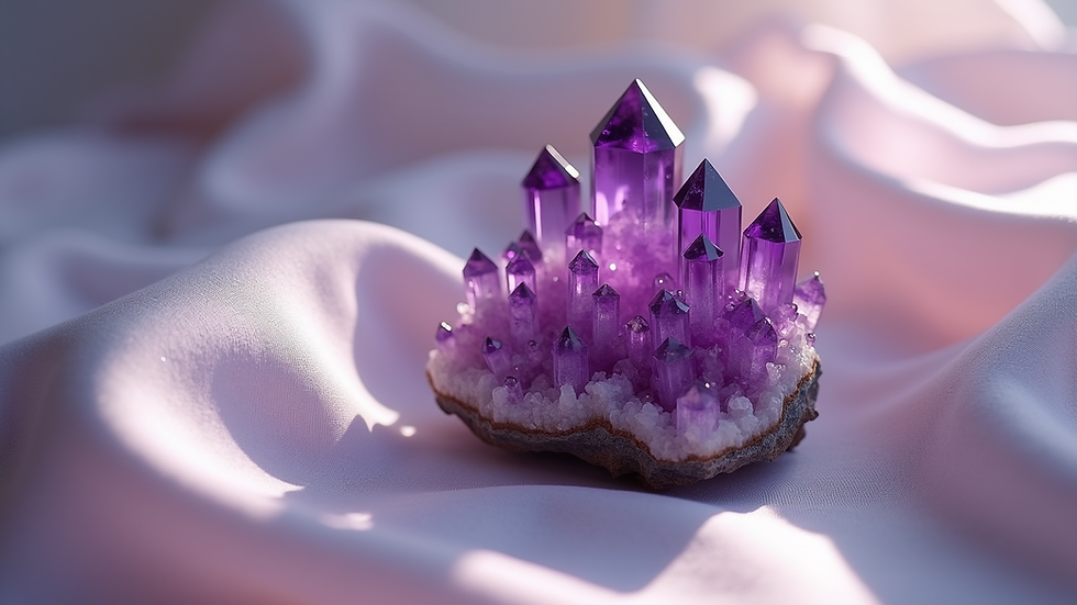 Close-up view of amethyst crystal cluster on a soft fabric