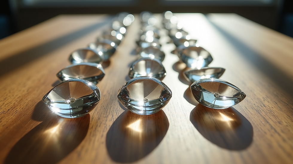 Eye-level view of a crystal grid arranged on a wooden table