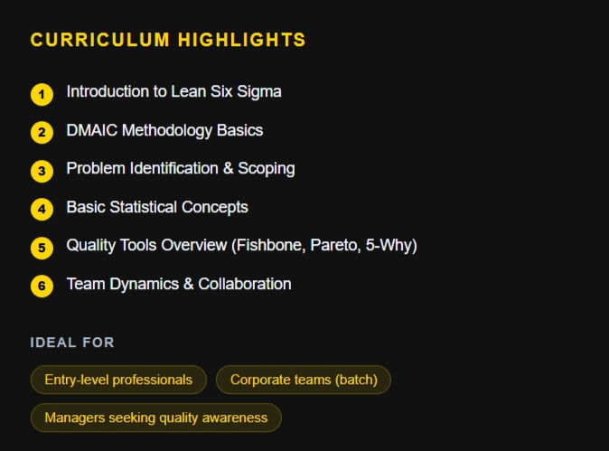 The MECTS Yellow Belt curriculum covers core Lean Six Sigma concepts, including basic process mapping, problem-solving tools, data understanding, and waste identification. Designed for practical application, the program integrates digital platforms and real-world examples to build foundational skills and support effective participation in process improvement initiatives.