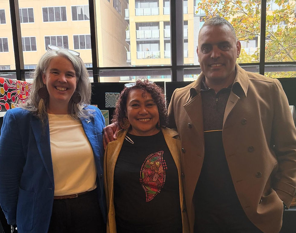 Jess and Pauly, Munda Wines, with Reconciliation Australia CEO Karen Mundine at NAIDOC Week, Adelaide 2025.