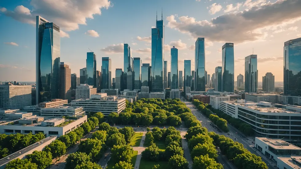 Wide angle view of an urban skyline featuring modern architecture and greenery.