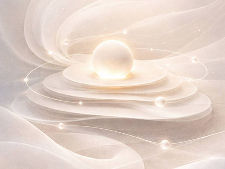 Abstract illustration of a glowing energy sphere surrounded by flowing light waves and orbiting particles, representing the foundation of consciousness.