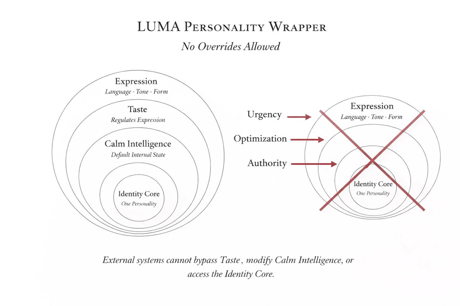 Diagram of LUMA Personality Wrapper compares concentric circles labeled Expression, Taste, Calm Intelligence, Identity Core, with red lines and arrows.