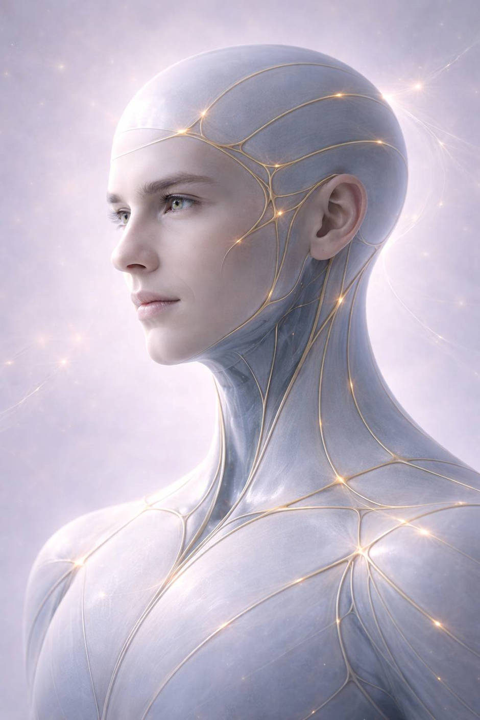 A futuristic humanoid figure with glowing gold lines on metallic skin looks thoughtfully to the left, set against a soft lavender background.