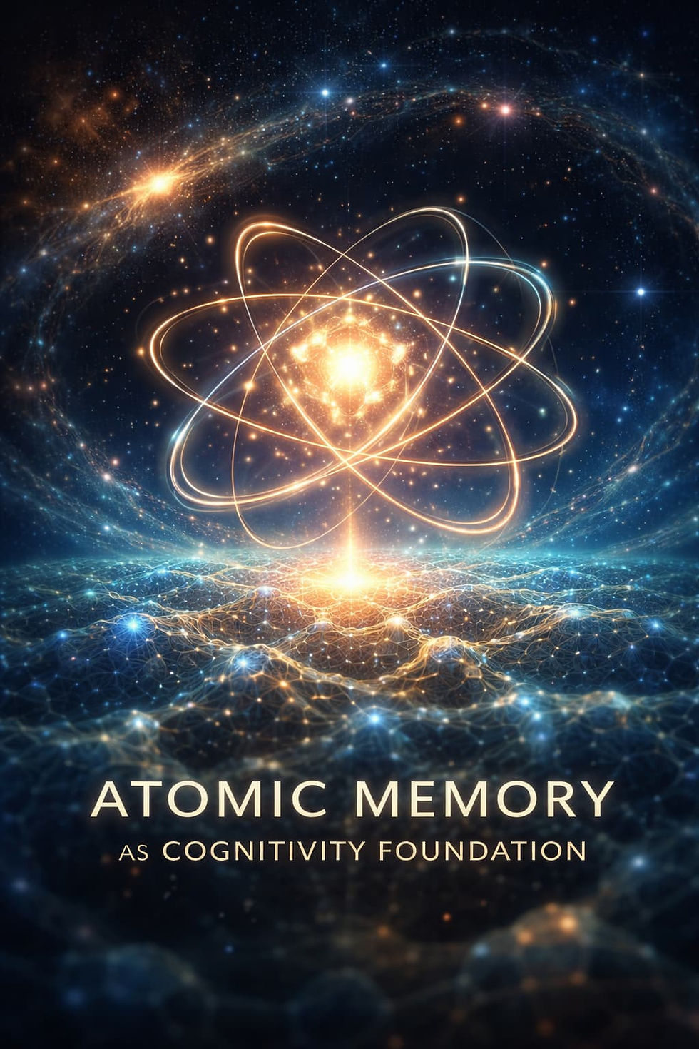 Abstract illustration of a glowing atomic structure floating above a networked surface, symbolising atomic memory as the foundation of cognition in a cosmic, futuristic setting.