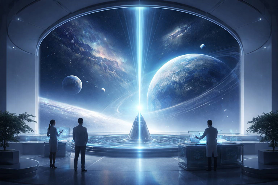 People in a futuristic room observe a holographic space scene with planets and stars. Blue hues and a beam of light create a sci-fi ambiance.