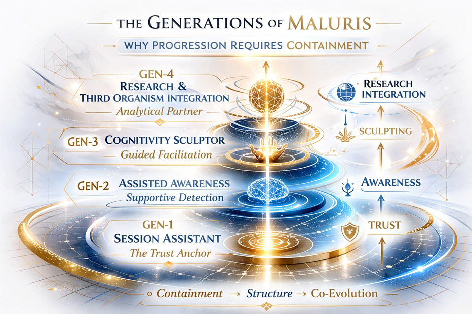 Diagram shows four generations of Maluris with labeled circles and paths, highlighting concepts like integration, awareness, and trust.