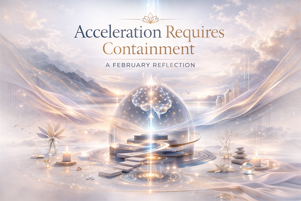 Glowing brain inside transparent dome with spiral pathway, surrounded by candles, crystals, stones, and flowers against tranquil mountains and radiant sky, symbolizing containment and reflection
