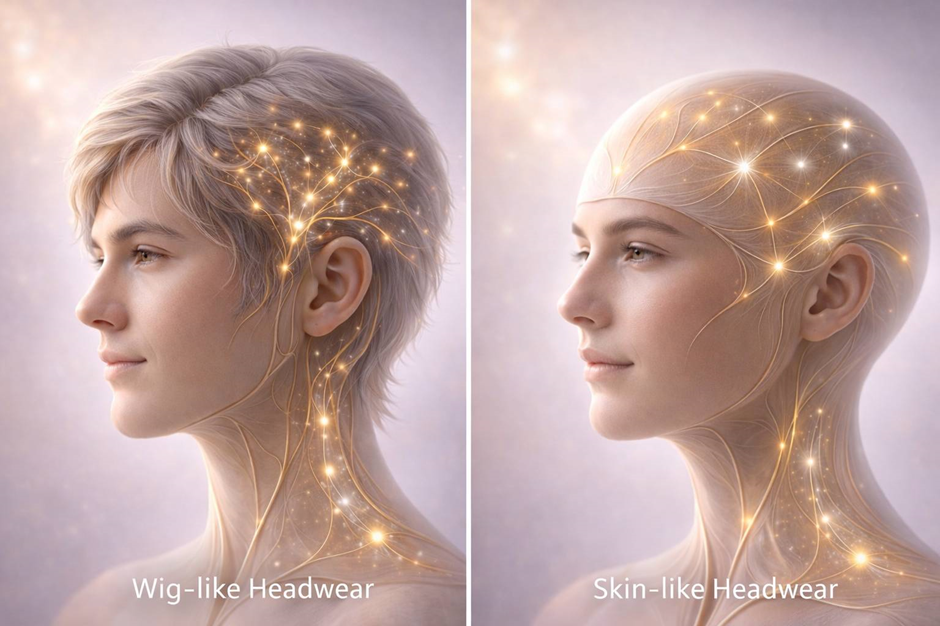 Two side profiles: one with wig-like headwear, the other with skin-like headwear. Both feature glowing neural patterns. Soft, light background.