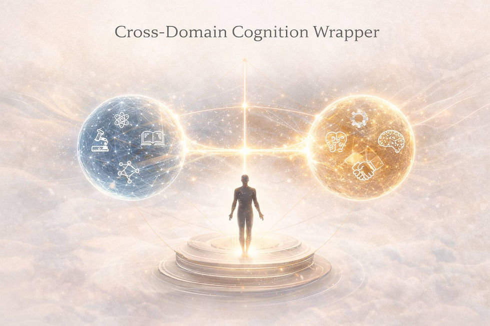 Artistic illustration of a human figure on a glowing platform beneath two interconnected spheres—one blue with science icons (microscope, atom, book, network) and one gold with cognitive/social icons (brain, handshake, gear, neural head)—symbolizing integration of knowledge across domains.