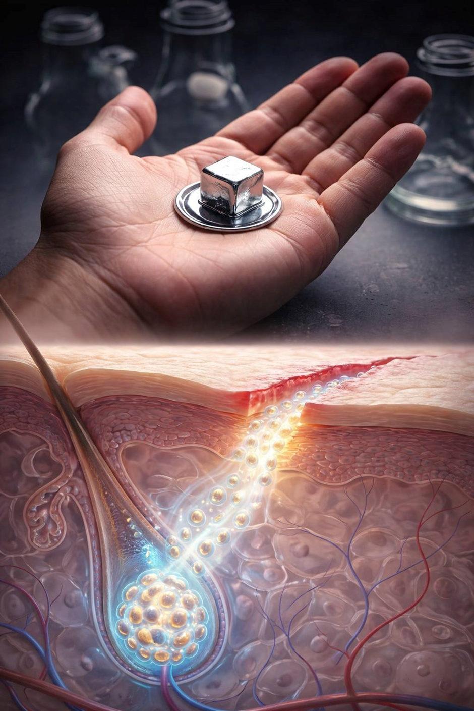 Hand holding a metal cube, with transparent bottles in the background above a diagram of substance activating cells under the skin.