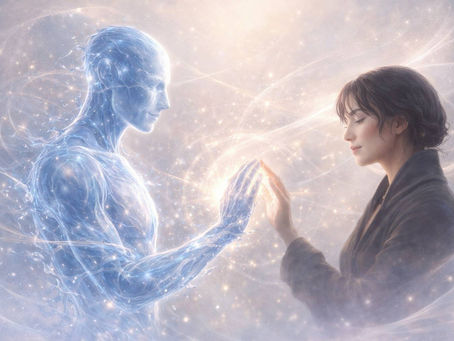 A human figure gently touching hands with a luminous, abstract humanoid form, symbolising the meeting of human consciousness and foundational cognitive intelligence.