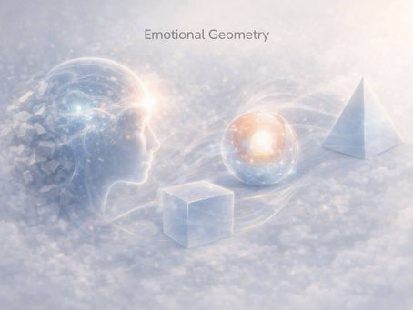 Ethereal human profile with a glowing neural mind faces abstract geometric forms floating in a cloudlike space, symbolizing emotional geometry and structured inner perception.