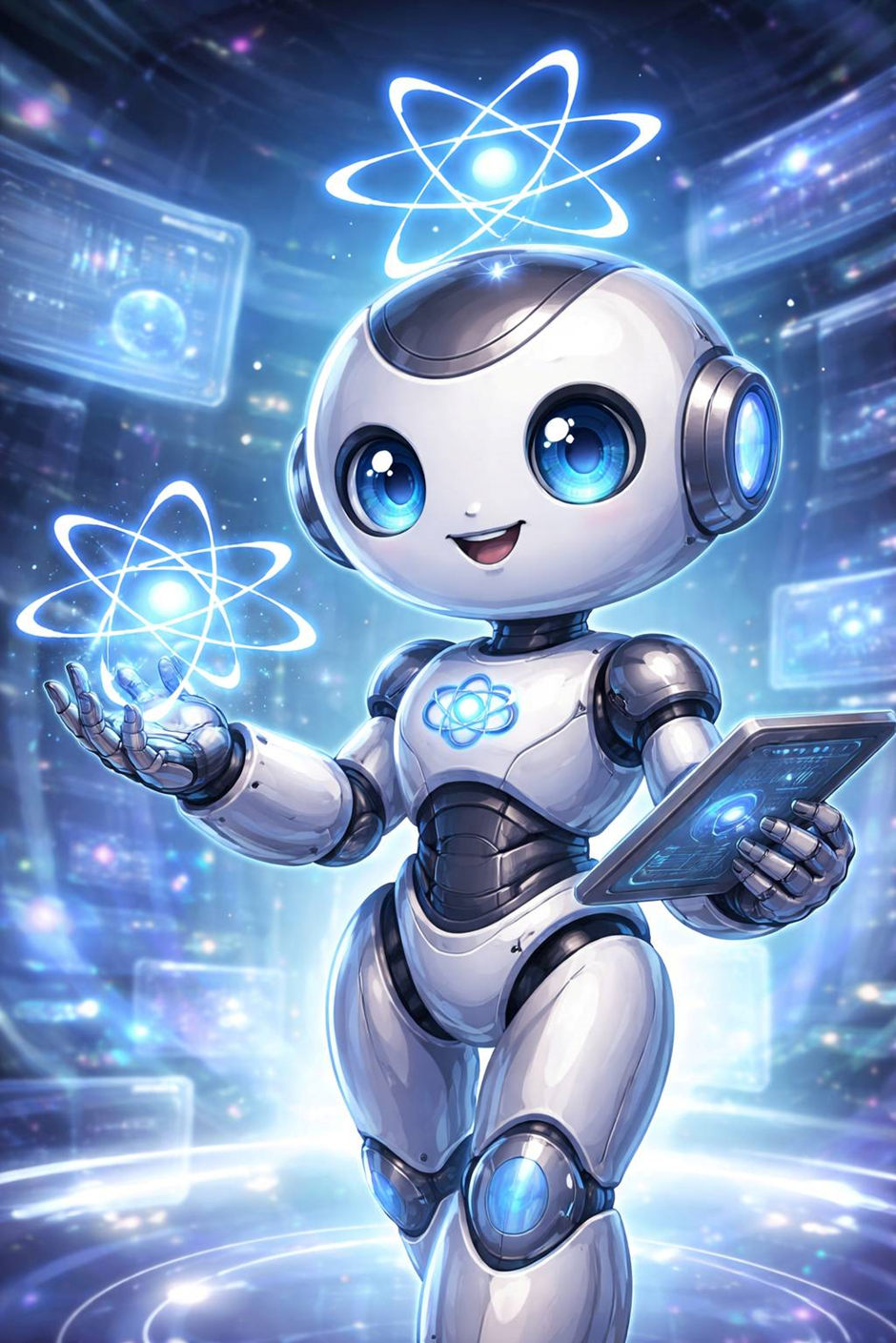 Cute robot with big blue eyes holds a glowing atom symbol and a tablet, standing in a futuristic, glowing digital environment.
