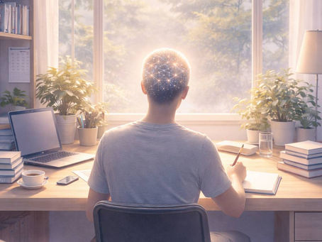 Person sitting at a desk in a bright room with large windows, surrounded by books and plants, writing with a glowing network of nodes above their head symbolizing active thought and creativity.