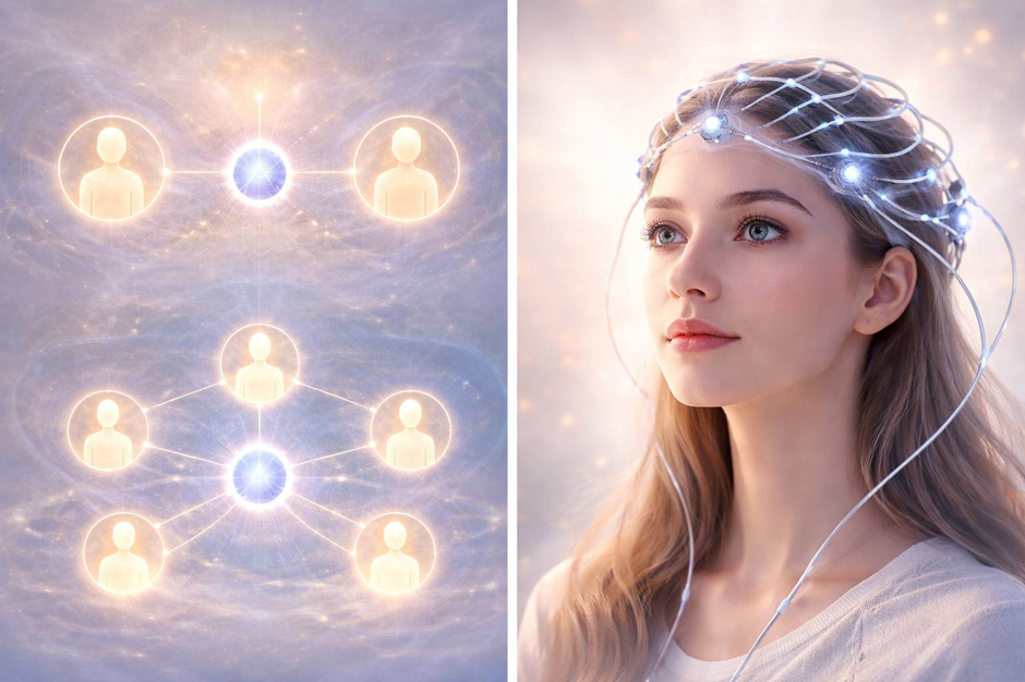 A woman wearing a neural headset glows with lights. Beside her, a network of glowing human figures connected by bright lines on a cosmic background.