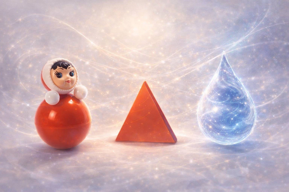 Toy figurine in red, orange triangle, and blue glowing drop shape on sparkly background. Whimsical and vibrant atmosphere.