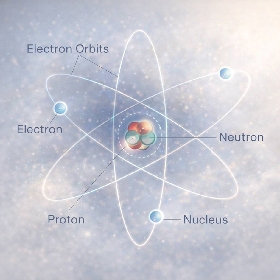 Diagram of an atom with labeled parts: electron orbits, electrons, protons, neutrons, nucleus. Blue background with curved lines.