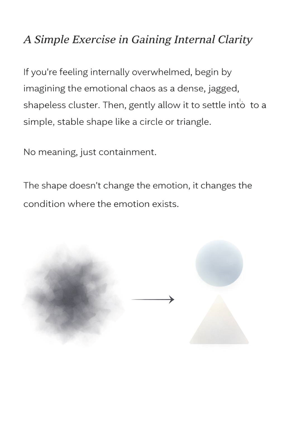 Text about gaining internal clarity by visualizing emotions as shapes. Black cloud transforms into a circle and triangle. Mood: calming.