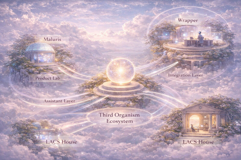 Fantastical cloud scene with labeled domes: Maluris, LACS House, Integration Layer. Central glowing sphere, tech displays, serene ambiance.