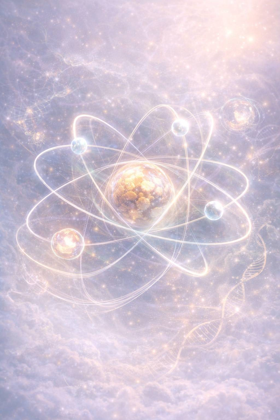 Abstract cosmic scene with glowing atoms orbiting a central Earth-like sphere. Wispy clouds and DNA strands in the luminous background.