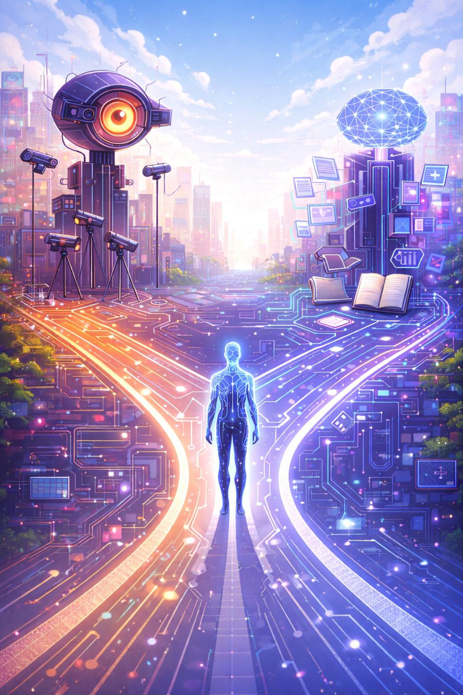 A glowing figure stands at a crossroads in a digital city. Left path has cameras, right features books and tech. Sky is bright and colorful.